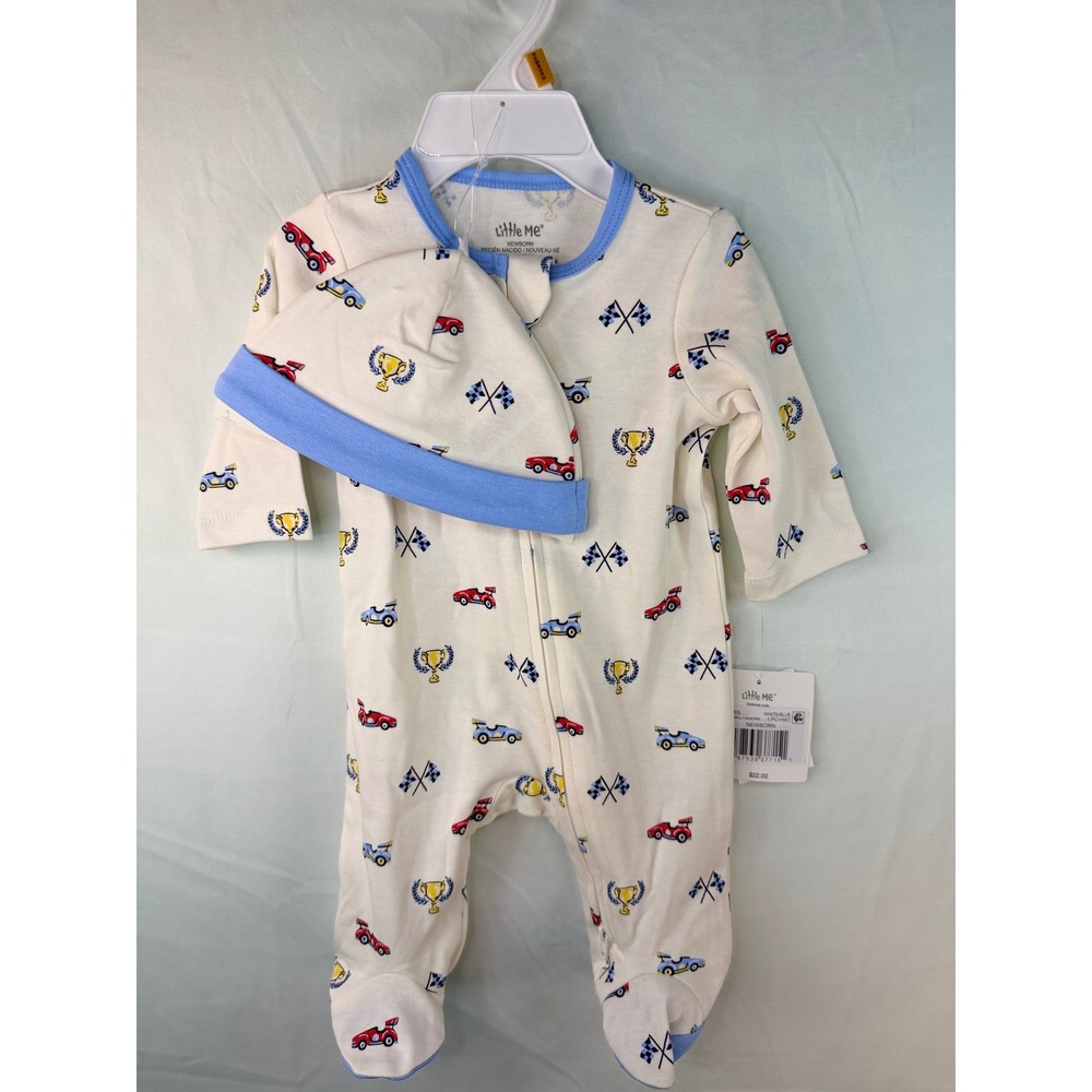 Little Me Newborn Boy Race Car Footie and Hat Set White Blue LCQ17546N-L119-NORR